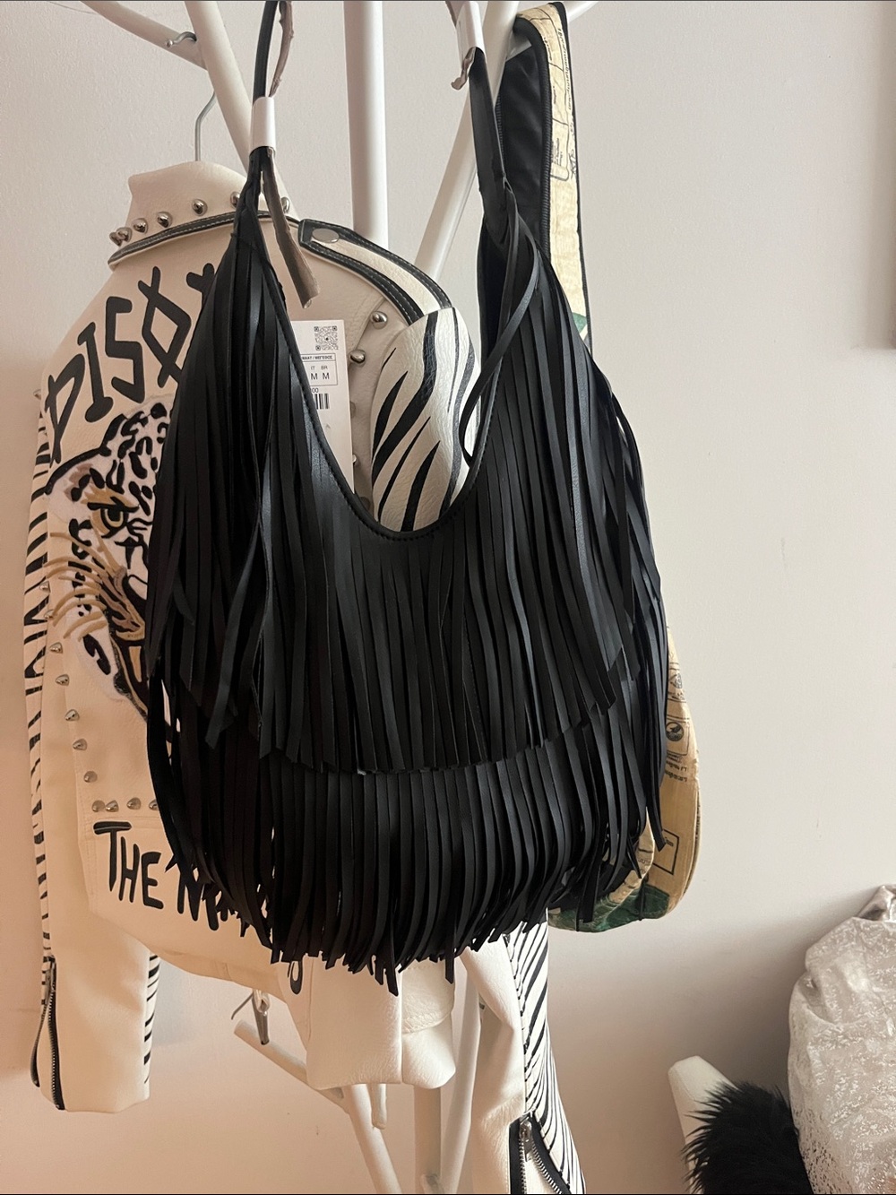 Zara Black Layered Fringe Shoulder Bag with Slouchy Silhouette